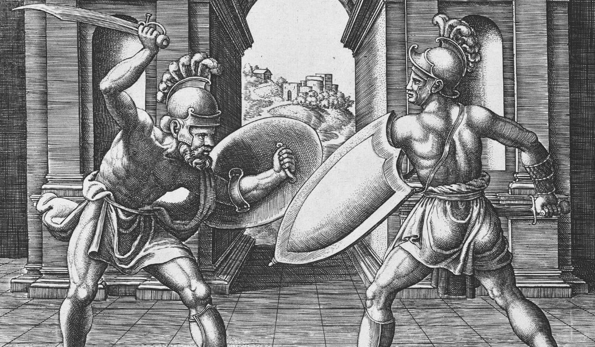 Two gladiators fighting in front of an arch