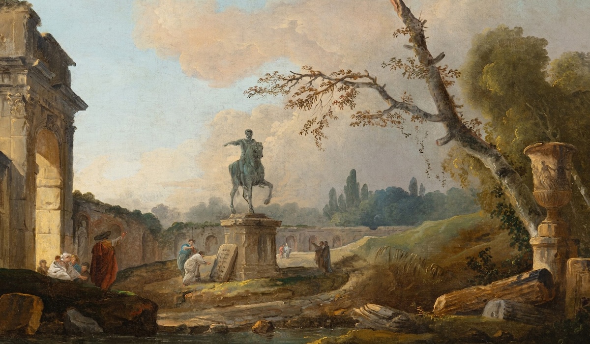 Landscape with ruins and the statue of Marcus Aurelius by Hubert Robert